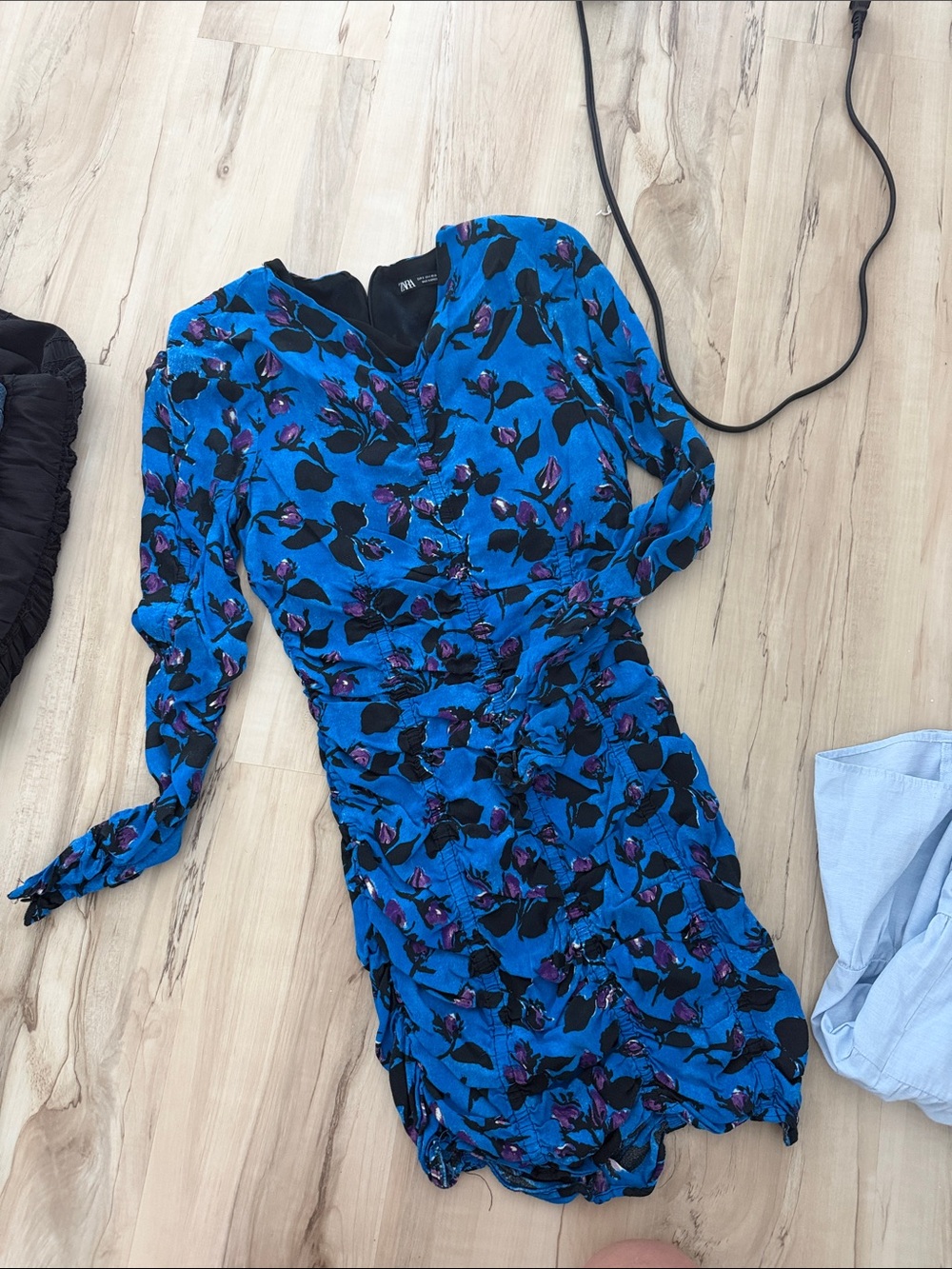 Zara Electric Blue Floral Ruched Long-Sleeve Dress